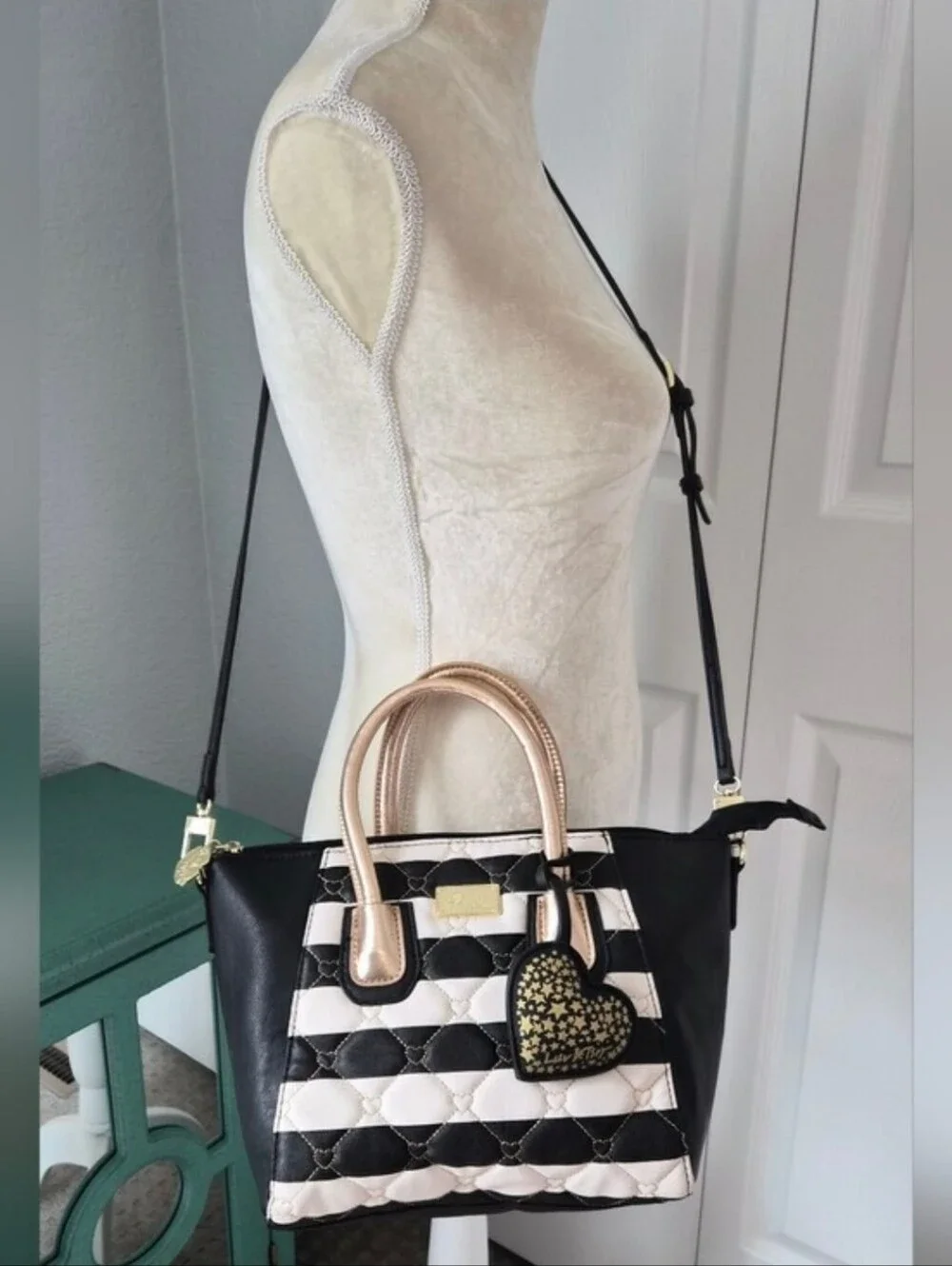 Luv Betsey Betsey Johnson Black White Striped Heart Quilted Satchel Crossbody